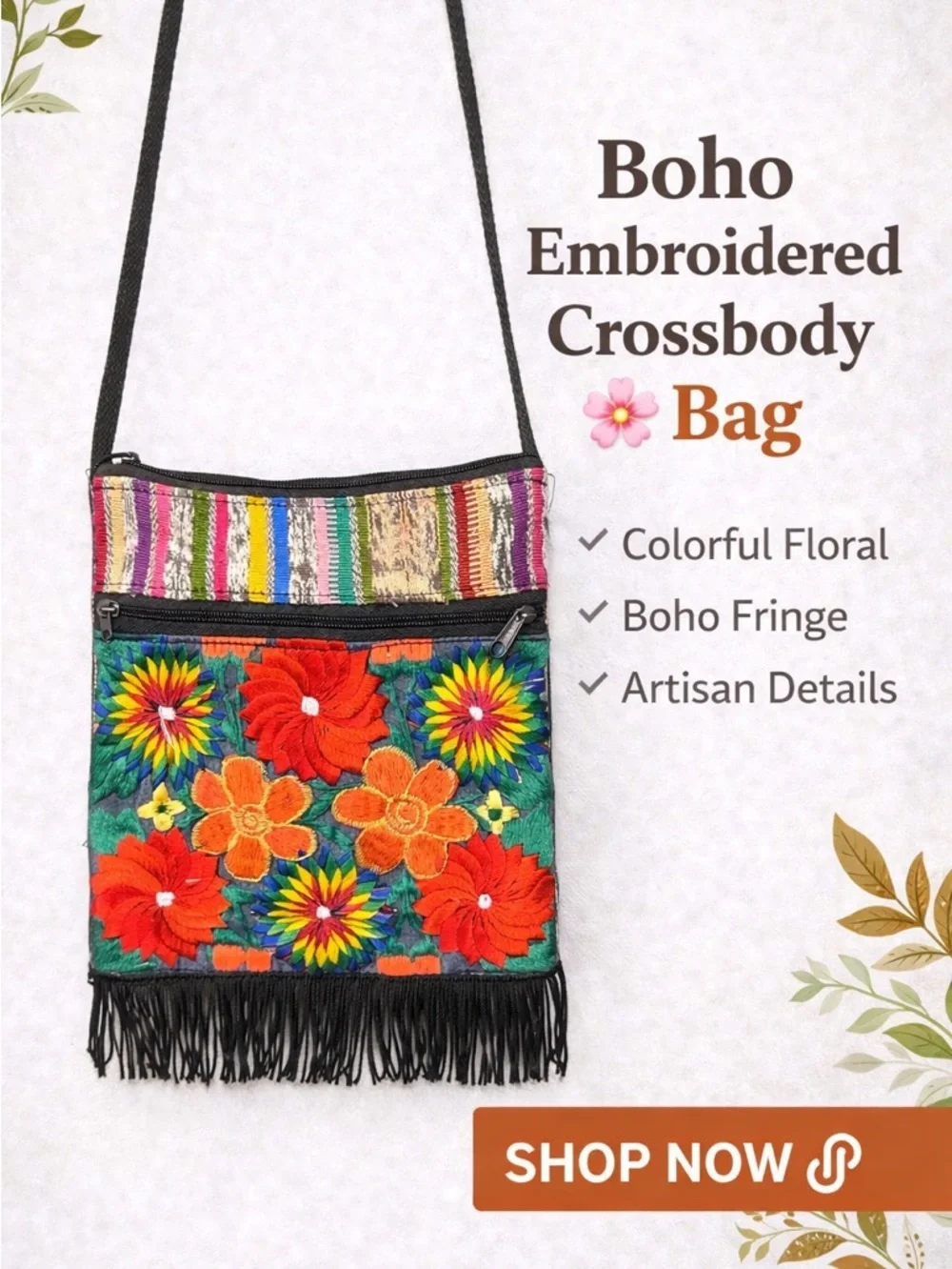 Boho Embroidered Bag Colorful Floral Fringe Ethnic Festival Hippie Purse